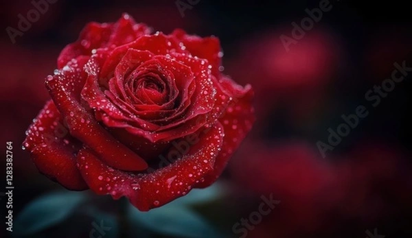 Fototapeta Red Rose Close-Up with Water Droplets in Low-Key Lighting for Valentine's Day and Weddings