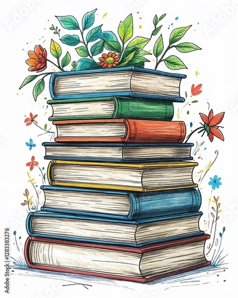 Obraz stack of hardcover books child like drawing on a white background crayon art whimsical youthful hand drawn cartoon