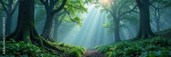 Fototapeta Dense forest with majestic trees standing tall amidst misty atmosphere, foliage, forest, nature