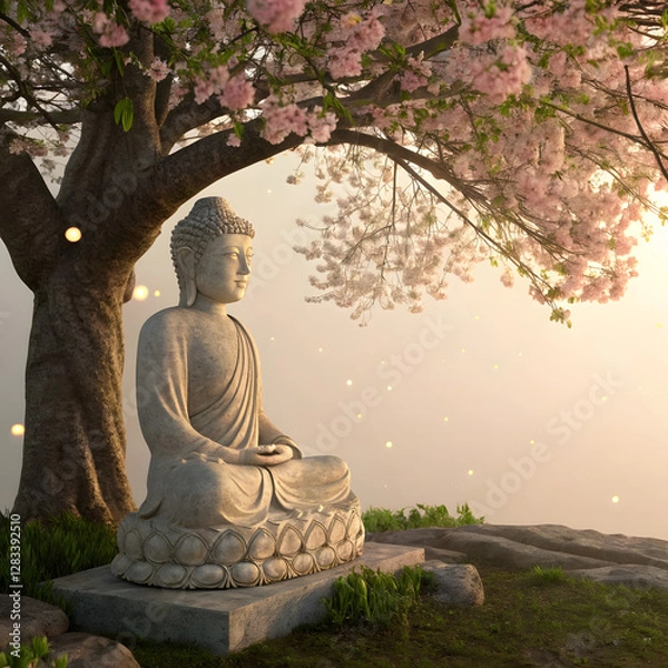 Fototapeta buddha statue in the garden .Buddha statue in nature background,beautiful gold color buddha statue,Buddha statue in nature sunset blurred background