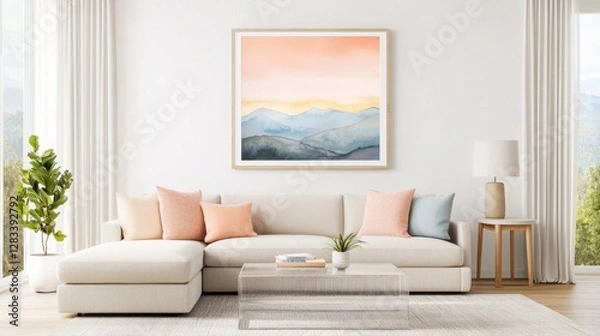 Fototapeta Eclectic modern living room featuring a modular linen sectional in raw sand tones, a square linen ottoman, a sleek acrylic coffee table, a framed watercolor