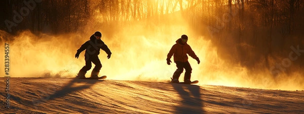 Fototapeta Two snowboarders in action, with the sun shining behind them
