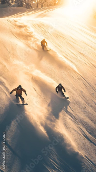 Fototapeta Two snowboarders in action, with the sun shining behind them

