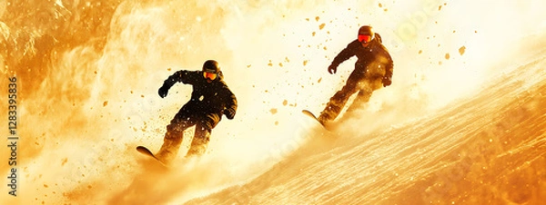 Fototapeta Two snowboarders in action, with the sun shining behind them
