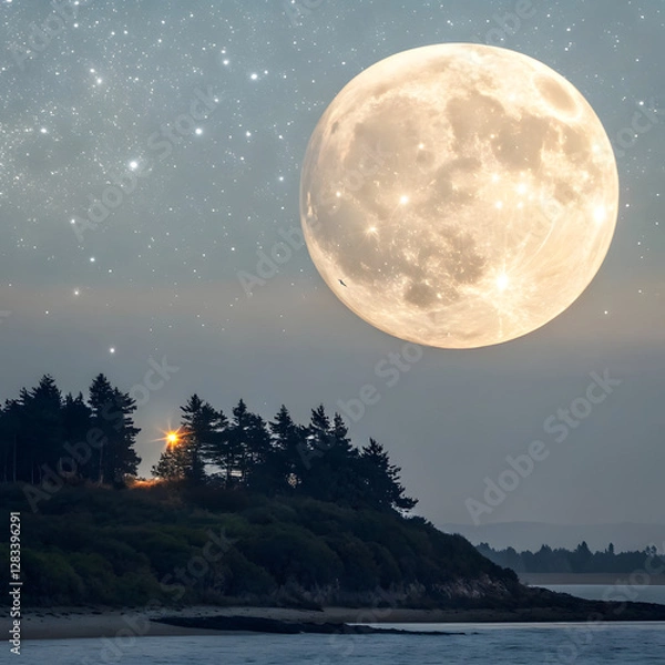 Fototapeta Full Moon Casting Light on Mountain Range .Full Moon In The Night Sky, Creating Eerie And Mystical Atmosphere.
