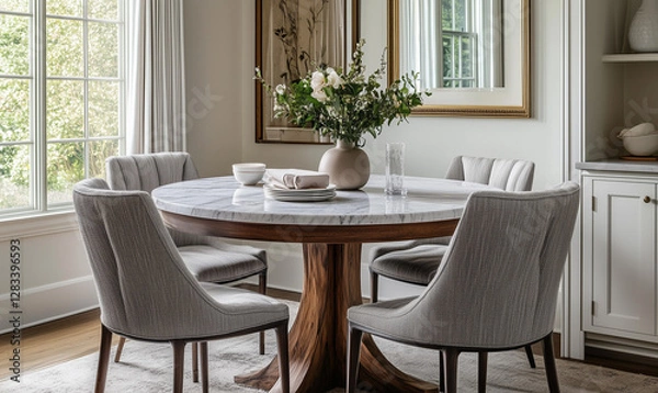 Obraz Sophisticated elegant dining nook featuring a round marble table with plush seating for timeless gatherings