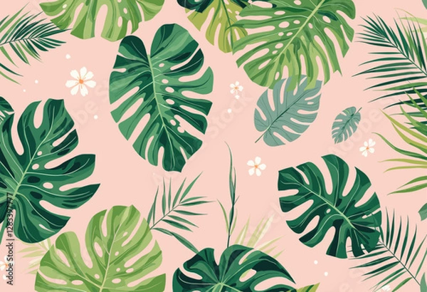 Obraz large green leaves with white spots, scattered throughout a light pink background.