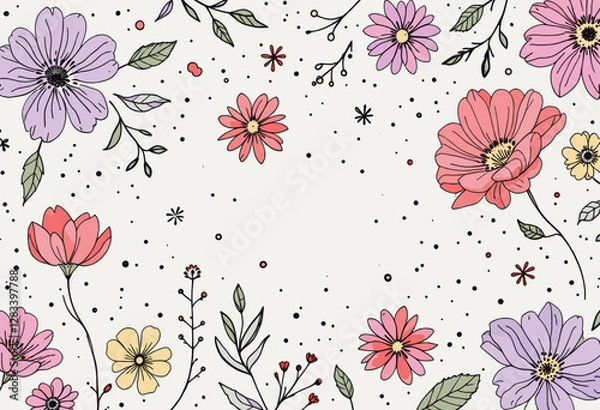 Obraz a variety of flowers and leaves in different colors, including pink, purple, yellow, and white, scattered across a light background with black dots.