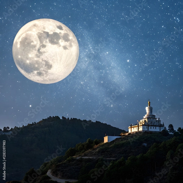 Fototapeta the moon over the city.Full Moon Casting Light on Mountain Range .Full Moon In The Night Sky, Creating Eerie And Mystical Atmosphere.