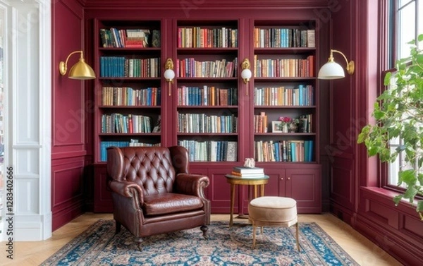 Obraz Living room with dark academia style, tufted leather armchair, deep burgundy walls, vintage bookshelves, brass sconces, and Persian rug