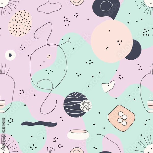 Obraz a variety of abstract shapes and objects, including circles, lines, dots, and organic forms, set against a light purple background with a speckled texture.