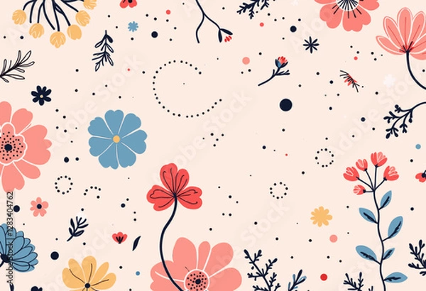 Obraz a variety of flowers and plants in different colors, including pink, blue, orange, and yellow, with scattered dots and lines throughout the background.