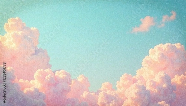 Fototapeta Distressed paper with stylized retro sky pattern featuring pastel hues and clouds in soft focus , distressed , paper , clouds