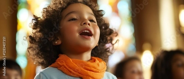 Fototapeta Child singing joyfully in school during music class with friends, celebrating creativity and teamwork in a vibrant classroom environment.