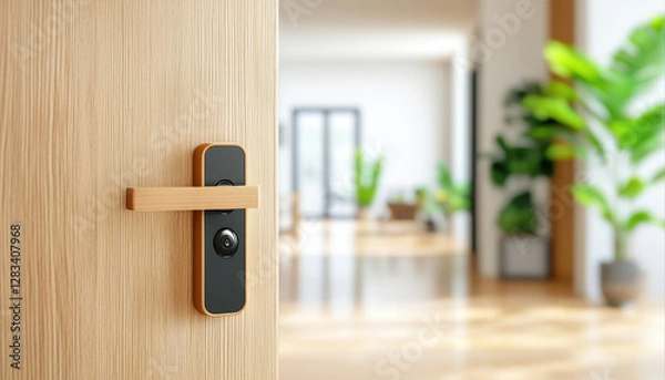 Fototapeta Smart home security with smart locks on house door. A modern door handle opens to a bright, plant-filled interior space, showcasing a blend of natural elements and contemporary design.