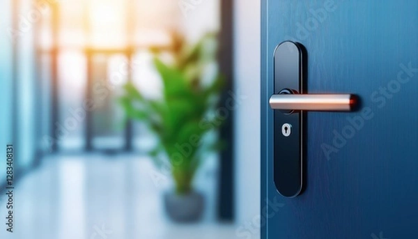 Fototapeta Smart home security with smart locks on house door. Close-up of a modern door handle with a blurred interior and a plant in the background, suggesting a contemporary space.