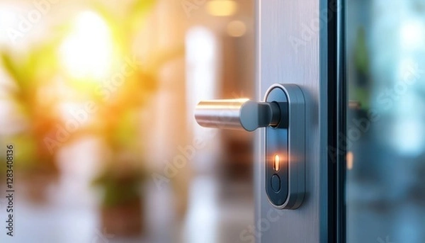 Fototapeta Smart home security with smart locks on house door. A close-up of a modern door handle with a blurred background of greenery, suggesting warmth and inviting atmosphere.