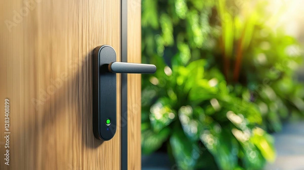 Fototapeta Smart home security with smart locks on house door. Smart door lock on a wooden door with greenery in the background, showcasing modern security and aesthetics.