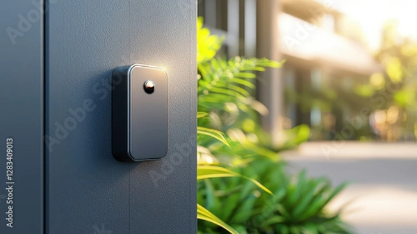 Fototapeta Smart home security with smart locks on house door. Modern doorbell mounted on a textured wall, surrounded by greenery, capturing a serene outdoor environment in soft lighting.