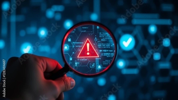 Fototapeta System engineer identifying problem in computer network system. Red triangle with exclamation mark and many other checkmark icons. Hand holding magnifying glass.