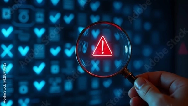 Fototapeta System engineer identifying problem in computer network system. Red triangle with exclamation mark and many other checkmark icons. Hand holding magnifying glass.