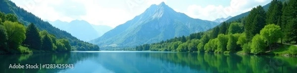 Fototapeta Mountain peak with lush greenery and serene lake, lake, calm, trees