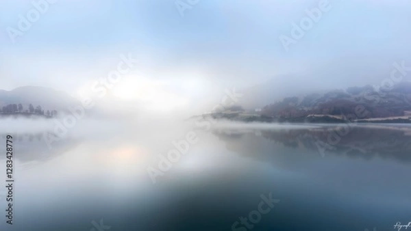 Fototapeta A serene lake enveloped in fog reflects the surrounding mountains, creating a tranquil and ethereal atmosphere in soft, blue tones.  