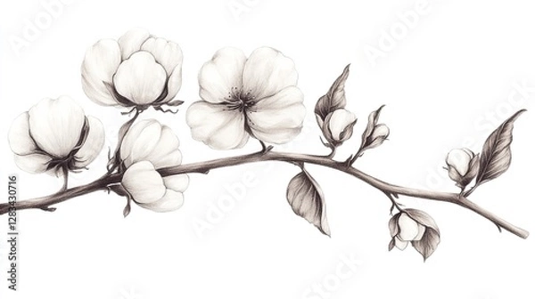 Fototapeta Hand-drawn cotton branch illustration symbolizing softness, elegance, and natural beauty, ideal for textile, eco-friendly themes, or nature-inspired designs focusing on sustainable materials.