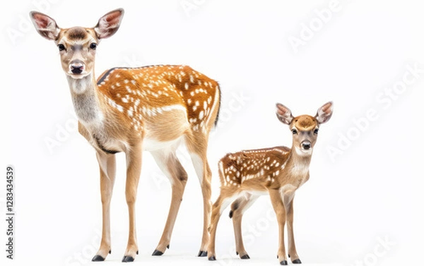 Obraz A realistic portrayal of an adult deer and its baby, both standing side by side on a white background, emphasizes their natural features and the bond between them.