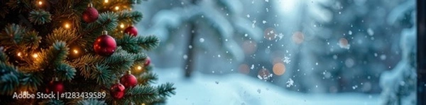 Fototapeta Christmas tree against a frosty window with snow , snow, decorated