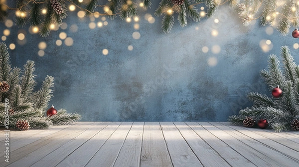 Fototapeta Snowy Christmas backdrop with frosted branches and festive lights