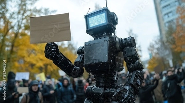 Fototapeta Protesters rally against artificial intelligence with a robot holding a blank sign