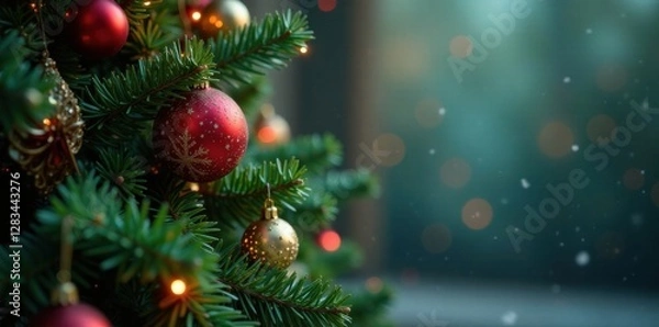 Fototapeta Evergreen Christmas tree with colorful ornaments and lights, evergreen, festive