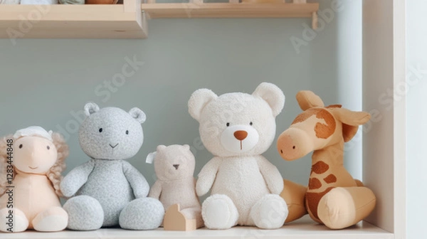 Fototapeta Adorable soft toys displayed on bookshelf for nursery decor inspiration