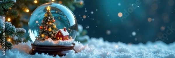 Fototapeta Miniature snowy village scene inside a beautifully crafted snow globe featuring a sparkling Christmas tree, forest, snow-covered trees