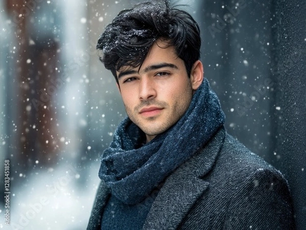 Fototapeta A professional photo of a strong-jawed man in a stylish wool coat and scarf, standing against urban backdrop