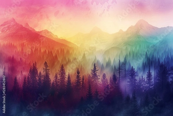Fototapeta Vibrant multicolored mountain landscape at sunrise. Neural network AI generated