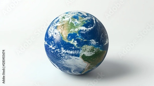 Fototapeta A realistic 3D Earth model showing North and South America continents, precise landmass and ocean details, white background, concept of global geography, photorealistic rendering