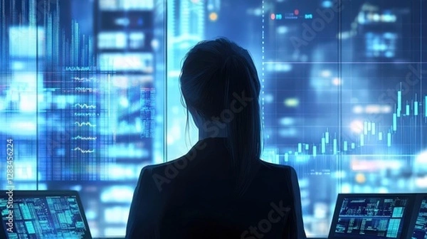 Fototapeta A woman in a financial planning role, analyzing market trends and company data to make strategic decisions