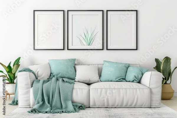 Fototapeta A white couch with blue throw blanket and pillows in a minimalist living room with framed artwork