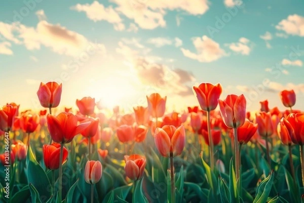 Fototapeta Amazing white tulip flowers blooming in a tulip field, against the background of blurry tulip flowers in the sunset light. Neural network ai generated