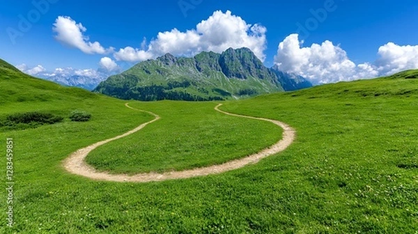Fototapeta Winding Dirt Path Through Lush Green Grass Under Vibrant Blue Sky With Fluffy White Clouds