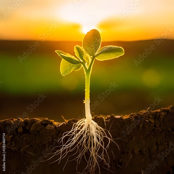 Fototapeta Young bean sprout thrives under sun, with roots stretching, full of life, promising new beginnings, and natural growth