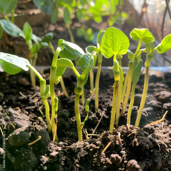Fototapeta Fresh bean sprouts emerge from soil, reaching for sun, showcasing vibrant growth and promise of new life, feeling hopeful