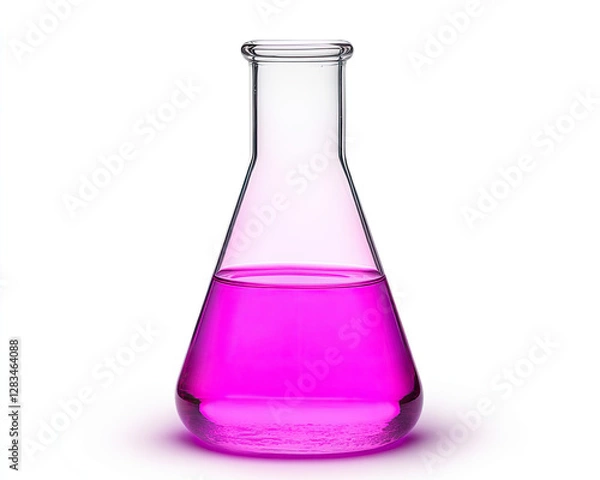 Fototapeta Laboratory flask with pink liquid on white background.