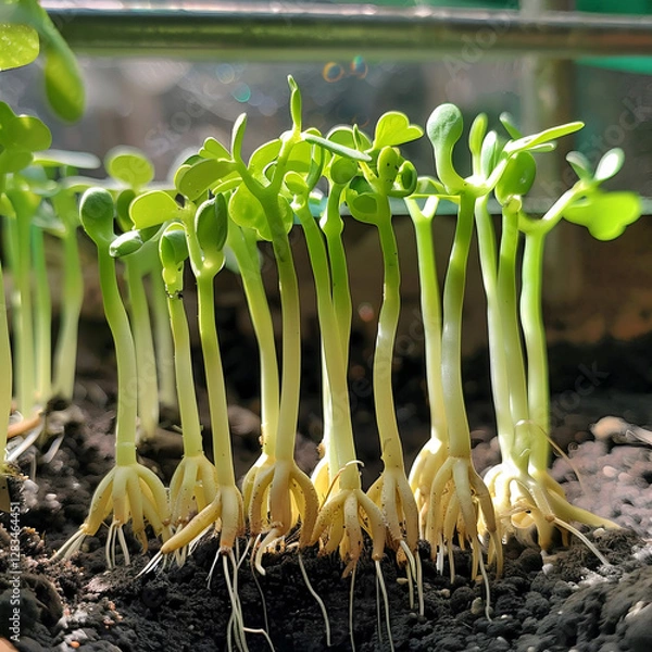 Fototapeta Vibrant bean sprouts reach eagerly for sun, showcasing natures resilience and delicate beauty in miniature form