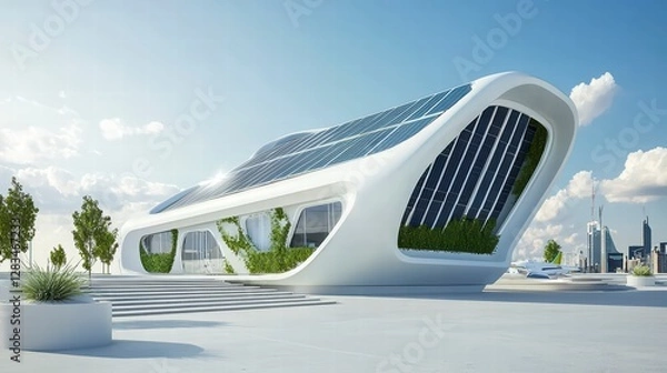 Fototapeta Futuristic Solar Architecture: Captivating image showcasing a cutting-edge building design. Featuring a unique structure adorned with solar panels.