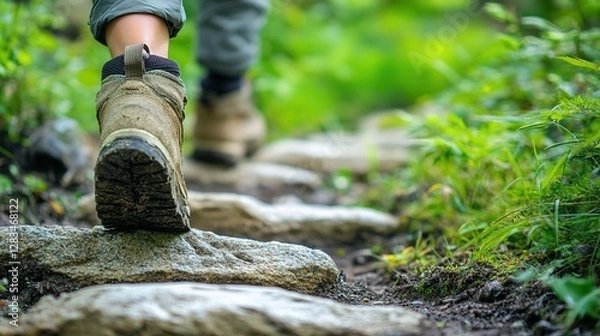 Fototapeta Hiker ascending uphill path, easy uphill hiking technique, nature background, stepping stones for success