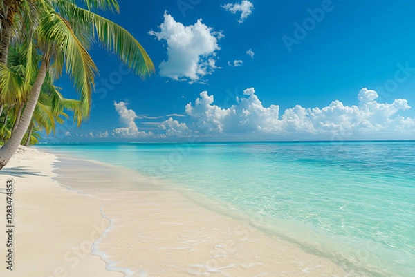Fototapeta Paradise exotic island beach shore with palm trees and turquoise waters of caribbean sea blue sky and white clouds