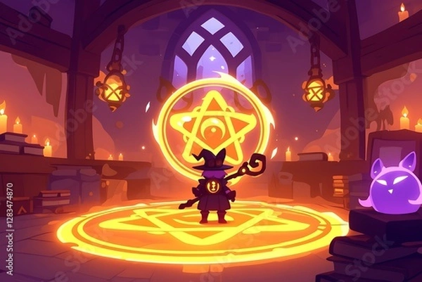 Fototapeta Wizard casting spell in arcane library